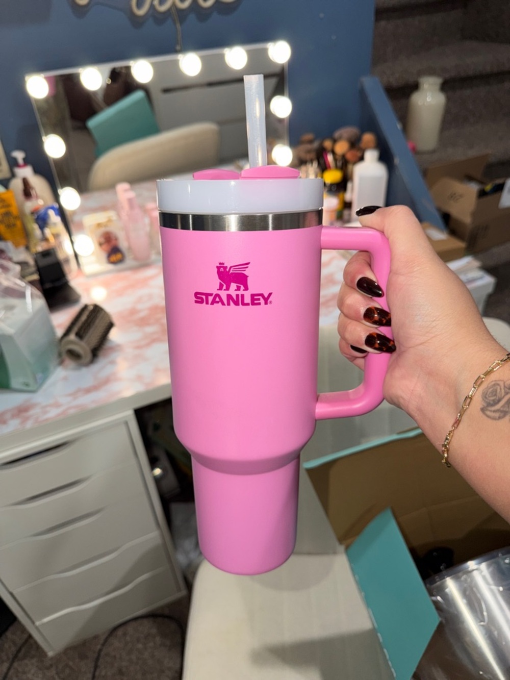 Stanley Pink Travel Tumbler with Handle and Straw